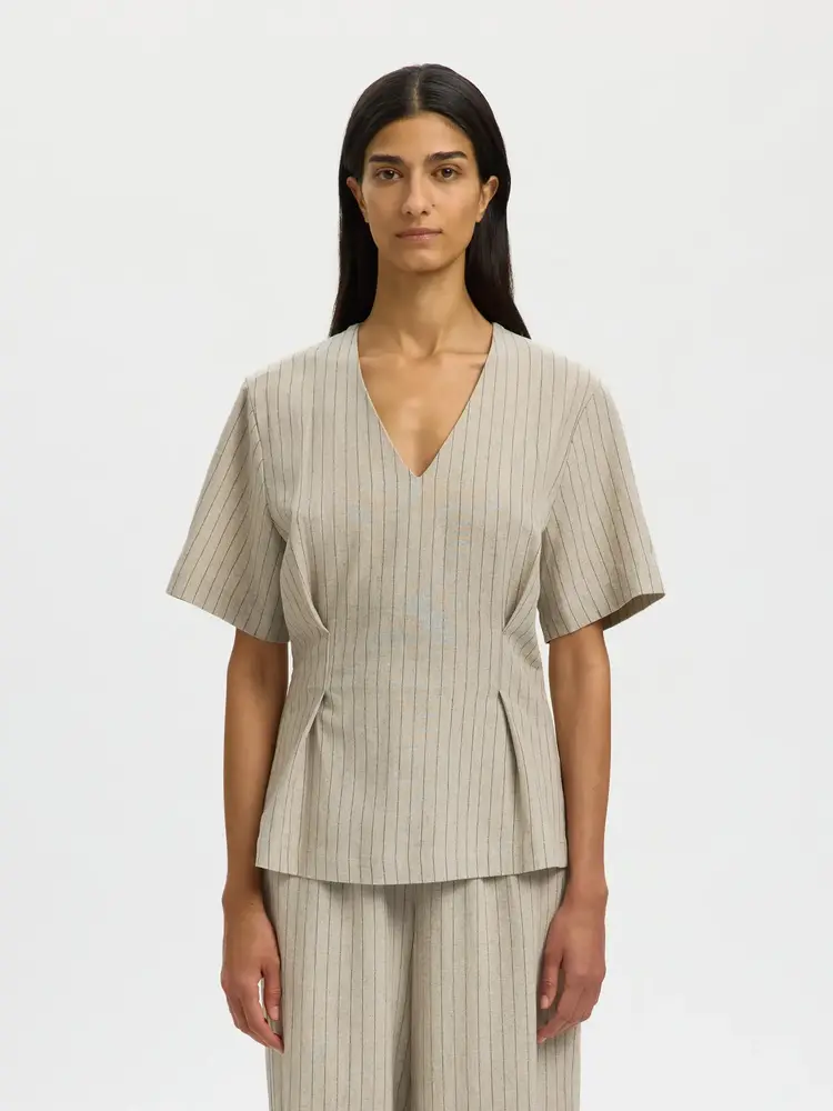 Selected Mariam Linen Top - Nature Stripes