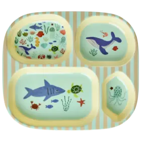 Rice Melamine Kids 4 Room Plate - Blue Ocean Print