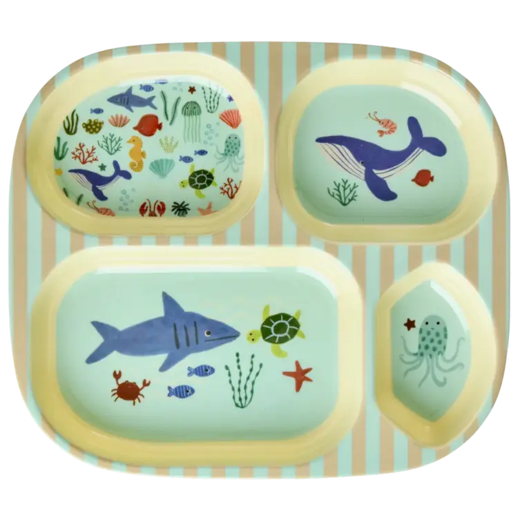 Rice Melamine Kids 4 Room Plate - Blue Ocean Print