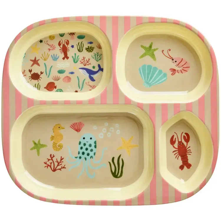 Rice Melamine Kids 4 Room Plate - Coral Ocean Print