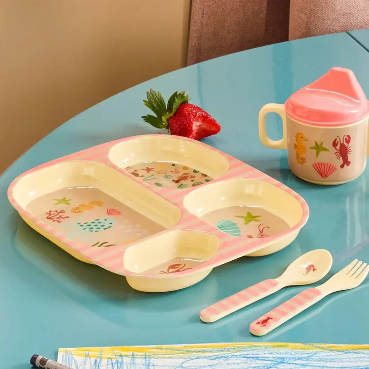 Rice Melamine Kids 4 Room Plate - Coral Ocean Print