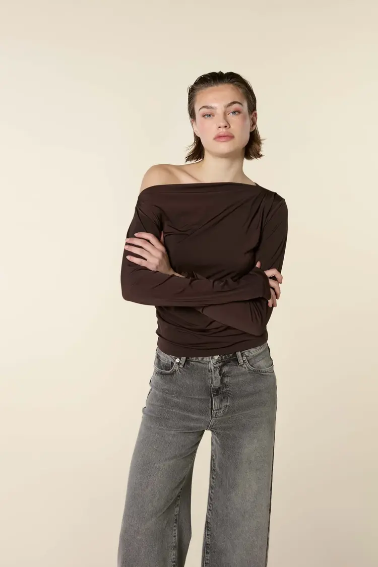 Homage Off Shoulder Top With Pleats - Brown