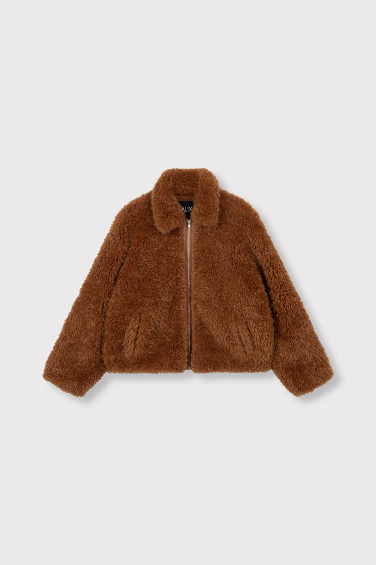 Alix the label Woven Curly Faux Fur Coat - Cognac