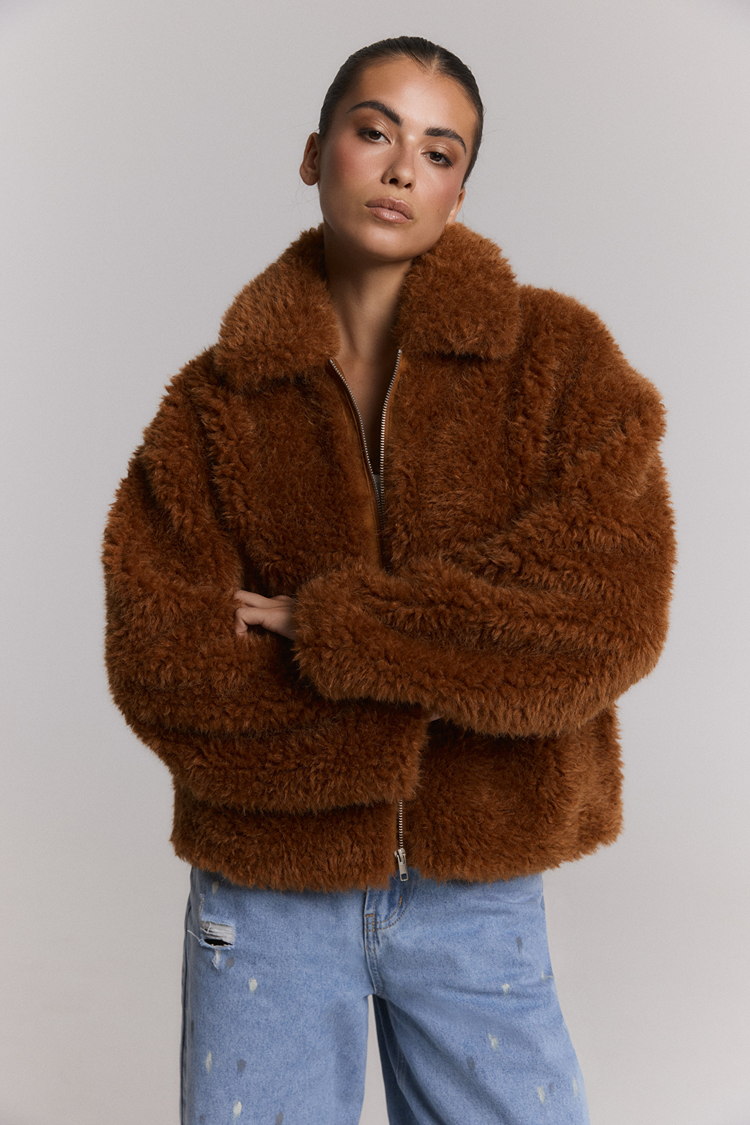 Alix the label Woven Curly Faux Fur Coat - Cognac