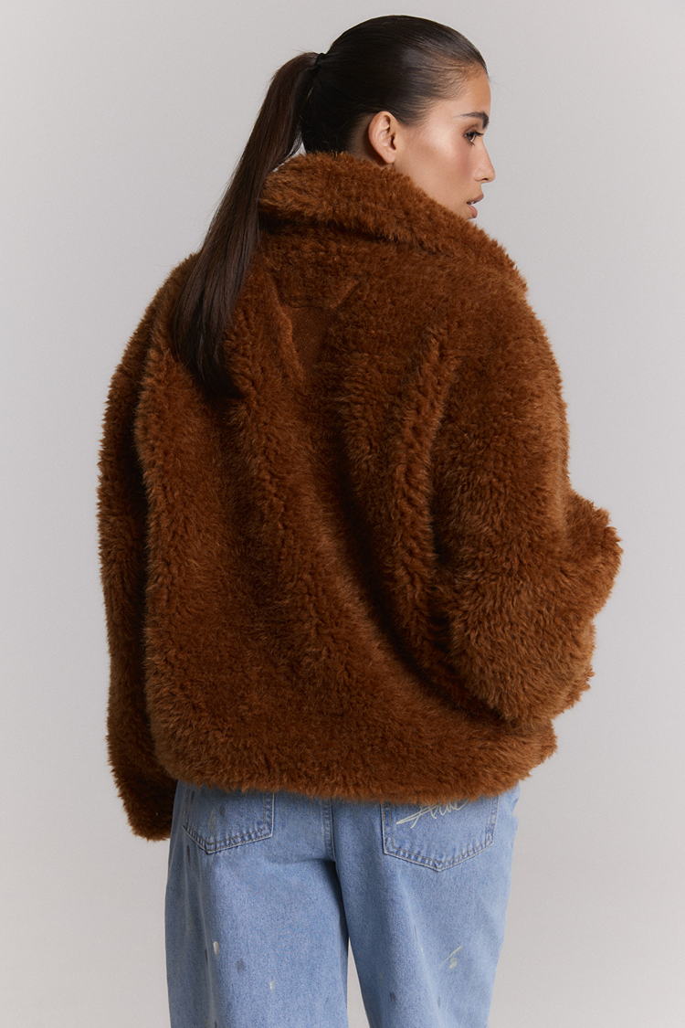 Alix the label Woven Curly Faux Fur Coat - Cognac