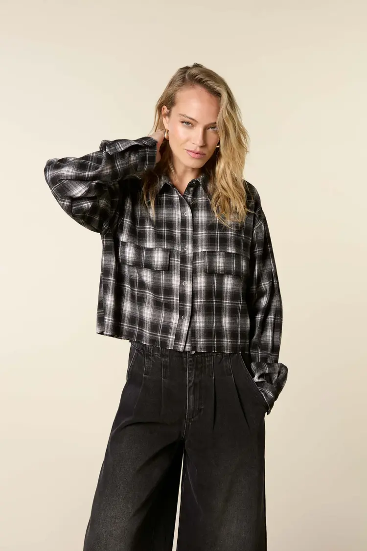 Homage Cropped Oversized Checks Blouse - Black Mix