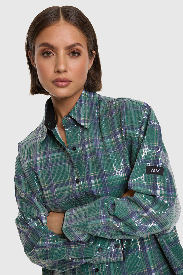 Alix the label Woven Sequins Check Blouse - Mid Green