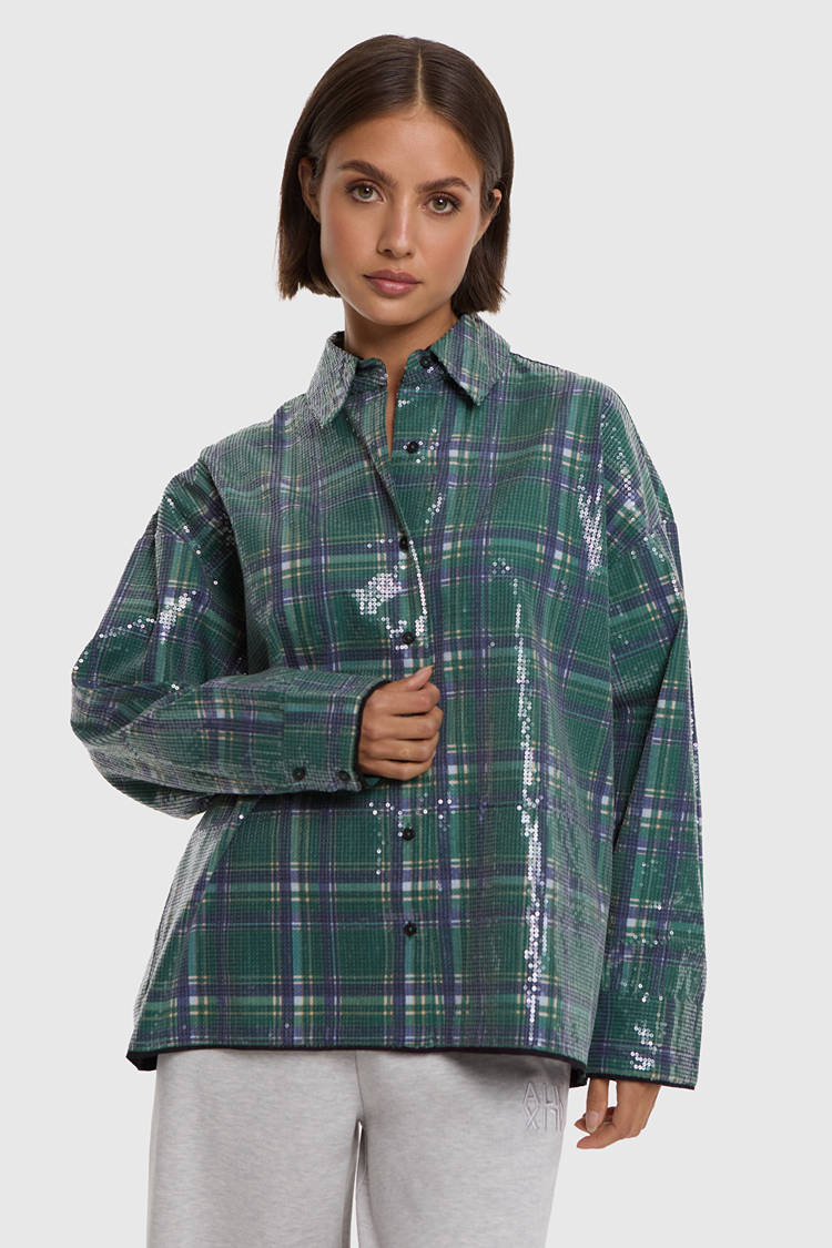Alix the label Woven Sequins Check Blouse - Mid Green