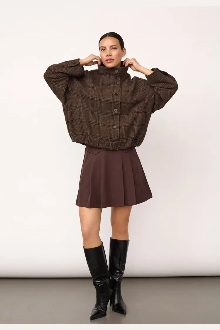 Co'Couture Olva  Check Balloon Jacket - Dark Brown