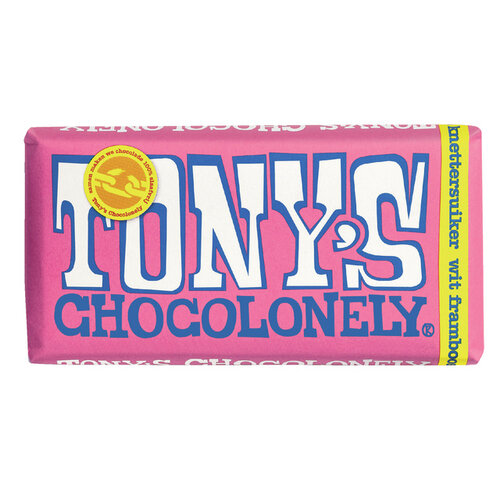 Tony's Chocolonely Chocolade Tony's Chocolonely reep 180gr wit framboos knettersuiker