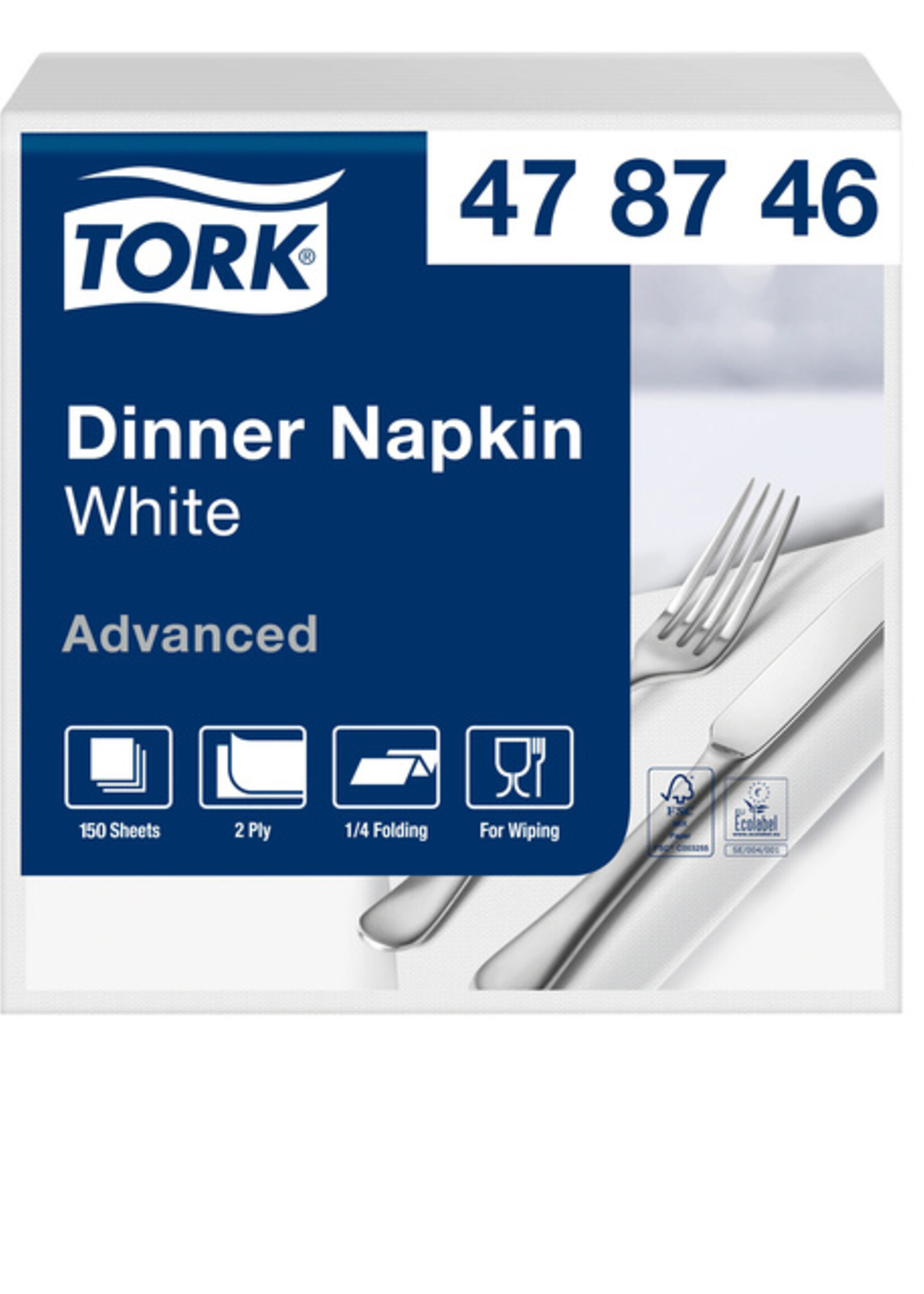 Tork Serviette Tork Dinner 478746 2 épaisseurs pli 1/4 blanc 150 pièces