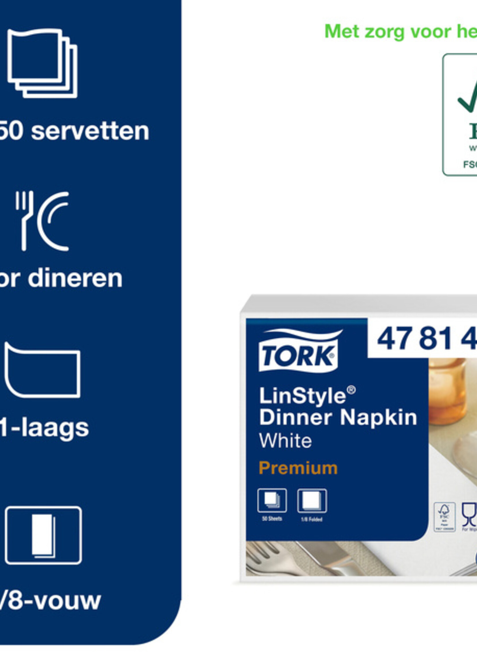 Tork Serviette Tork 478145 LinStyle Dinner 1 épaisseur 39x39cm blanc 50 pièces