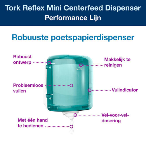 Tork Dispenser Tork Reflex™ M4 performance lijn centerfeed wit/turquoise 473180