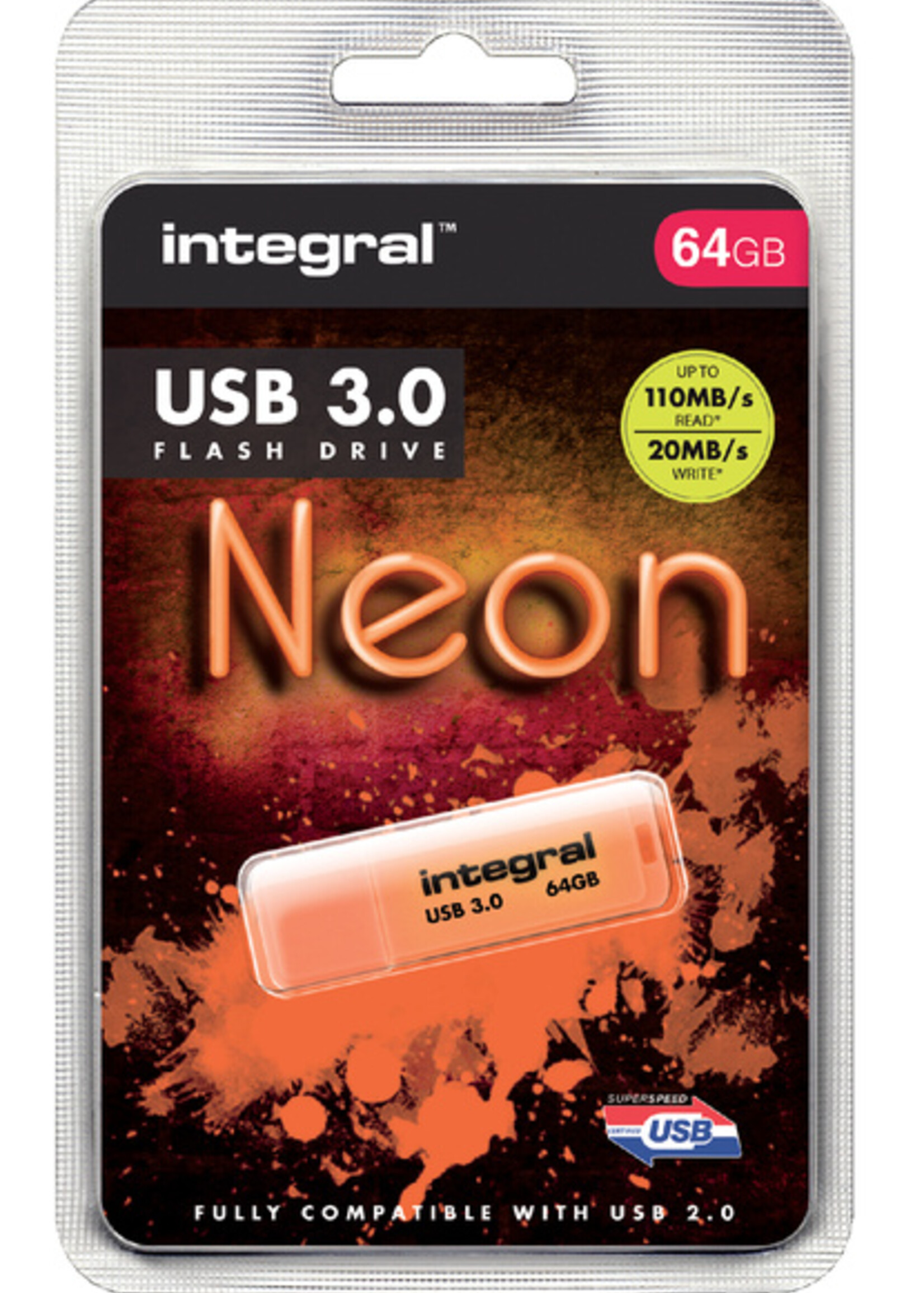 Integral Clé USB 3.0 Integral 64Go néon orange