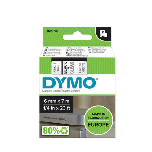 Dymo Labeltape Dymo 43610 D1 720770 6mmx7m zwart op transparant