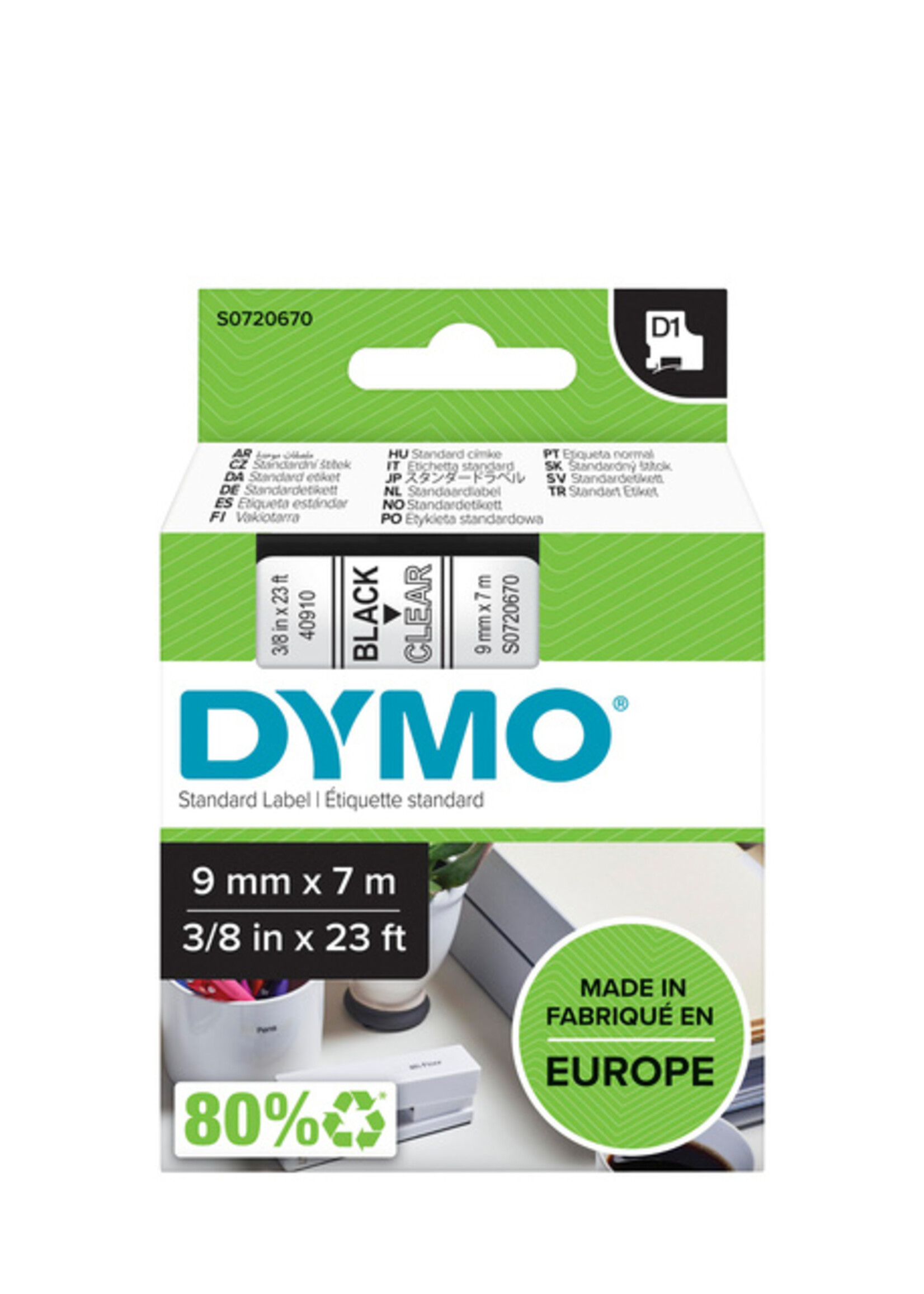 Dymo Labeltape Dymo 40910 D1 720670 9mmx7m zwart op transparant