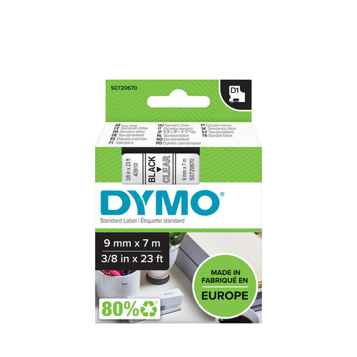 Dymo Labeltape Dymo 40910 D1 720670 9mmx7m zwart op transparant