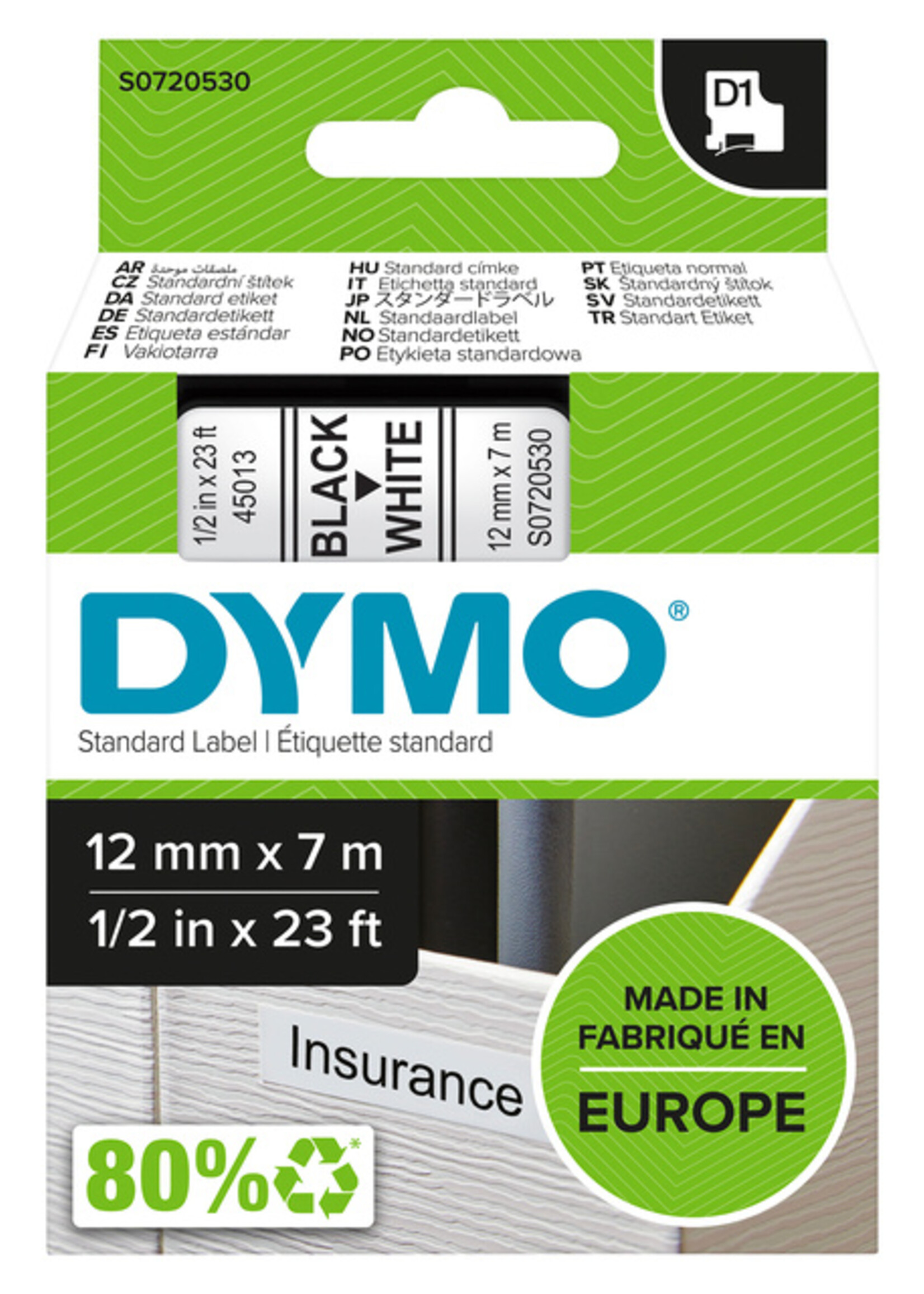 Dymo Ruban Dymo 45013 D1 720530 12mmx7m noir sur blanc