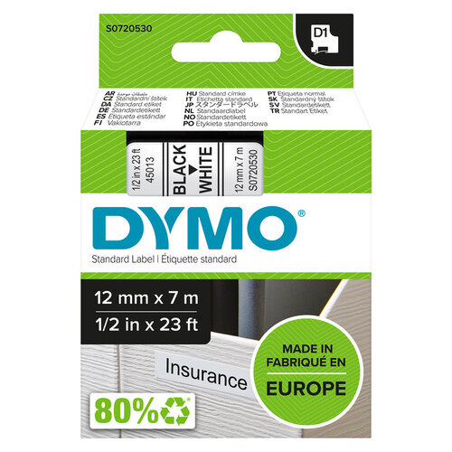 Dymo Labeltape Dymo 45013 D1 720530 12mmx7m zwart op wit