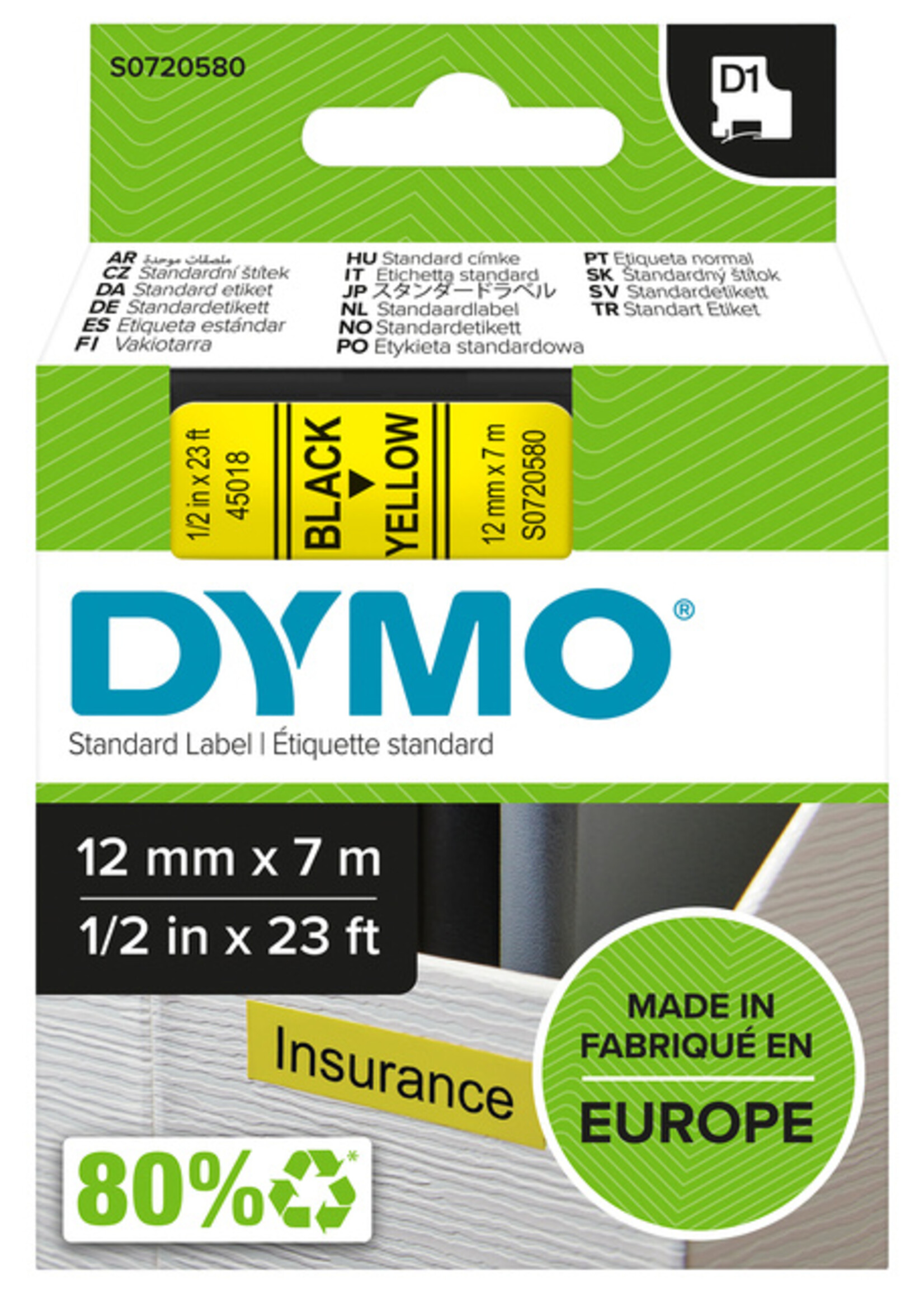 Dymo Ruban Dymo 45018 D1 720580 12mmx7m noir sur jaune