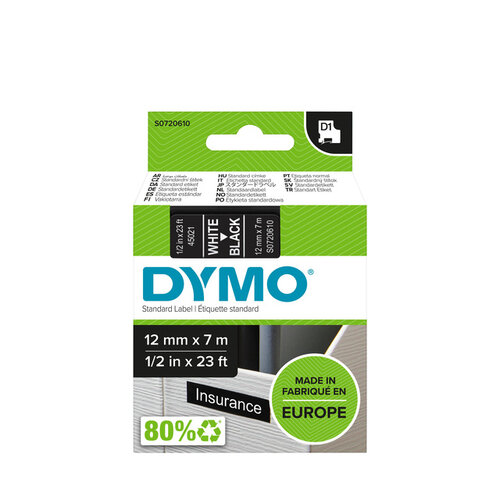 Dymo Labeltape Dymo 45021 D1 720610 12mmx7m wit op zwart