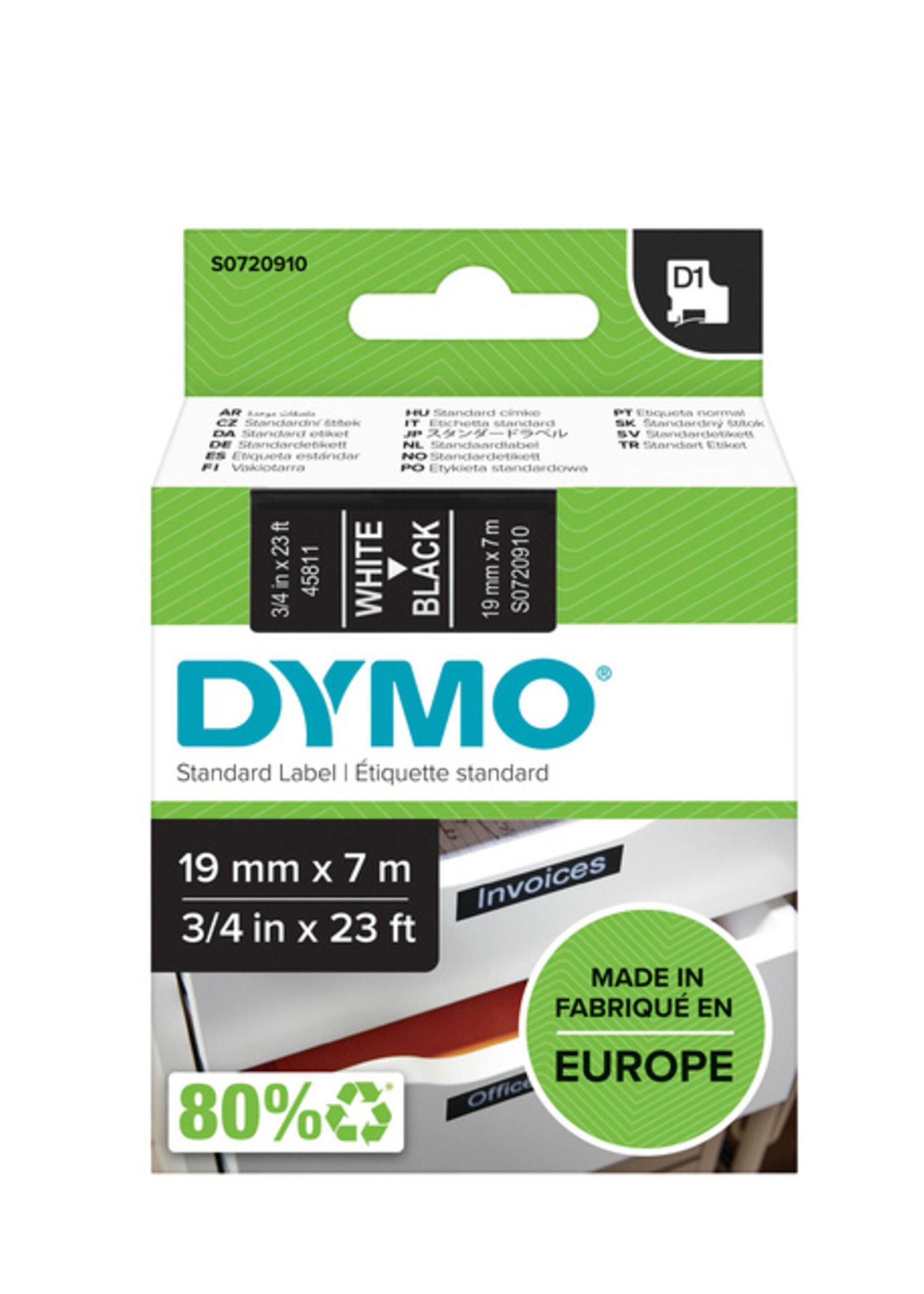 Dymo Ruban Dymo 45811 D1 720910 19mmx7m blanc sur noir