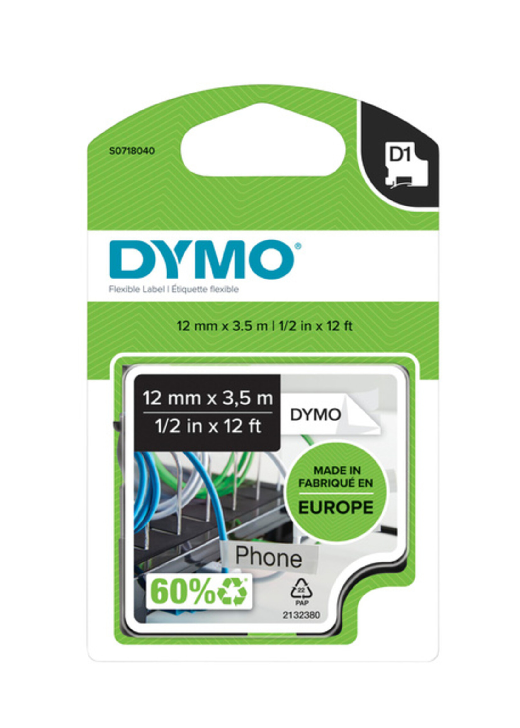 Dymo Ruban Dymo 16957 D1 718040 12mmx3,5m nylon noir sur blanc