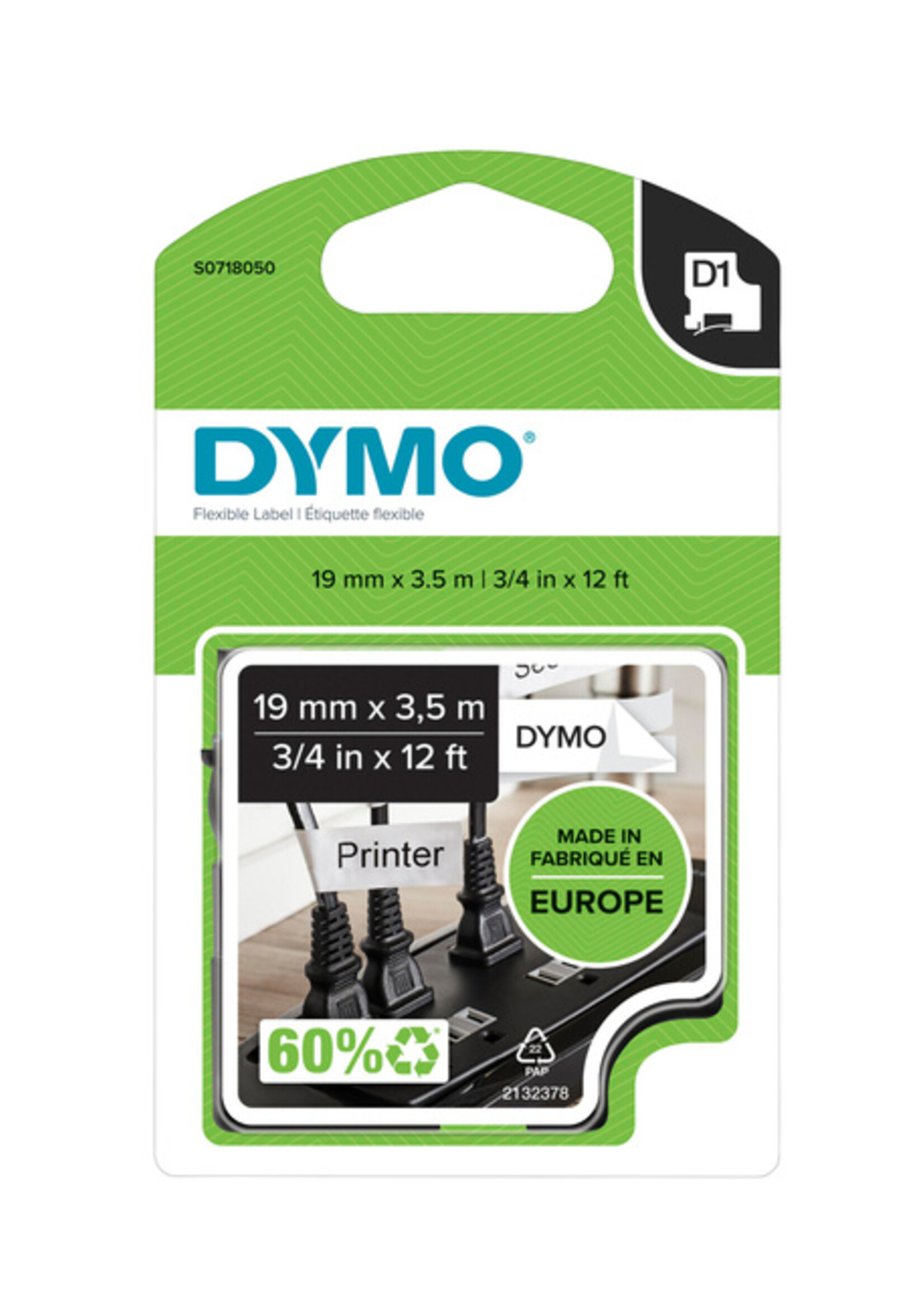 Dymo Labeltape Dymo 16954 D1 718050 19mmx3.5m nylon zwart op wit