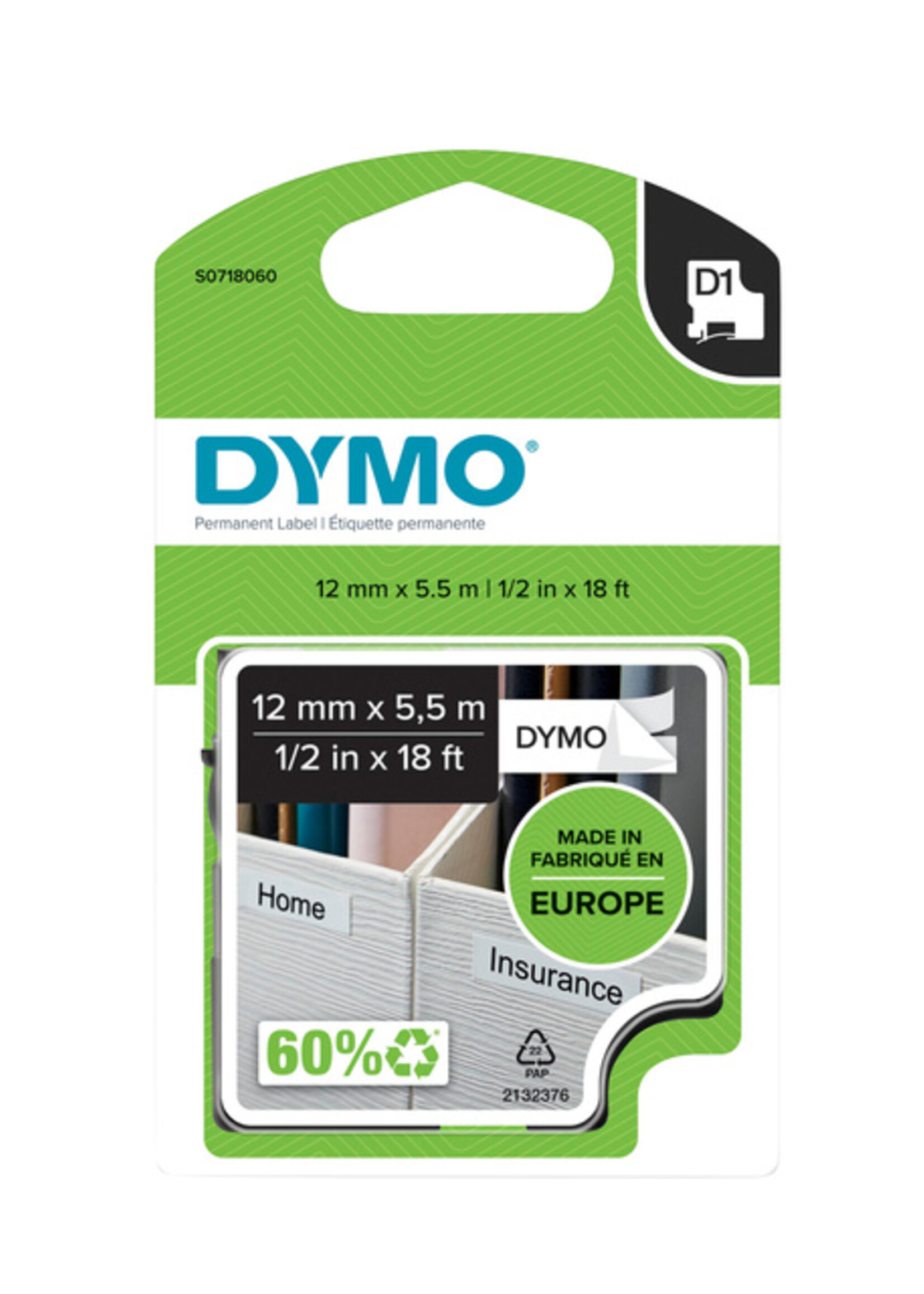 Dymo Ruban Dymo 16959 D1 718060 12mmx5,5m Poly noir sur blanc