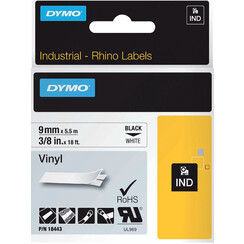 Labeltape Dymo Rhino 18443 vinyl 9mmx5.5m zwart op wit