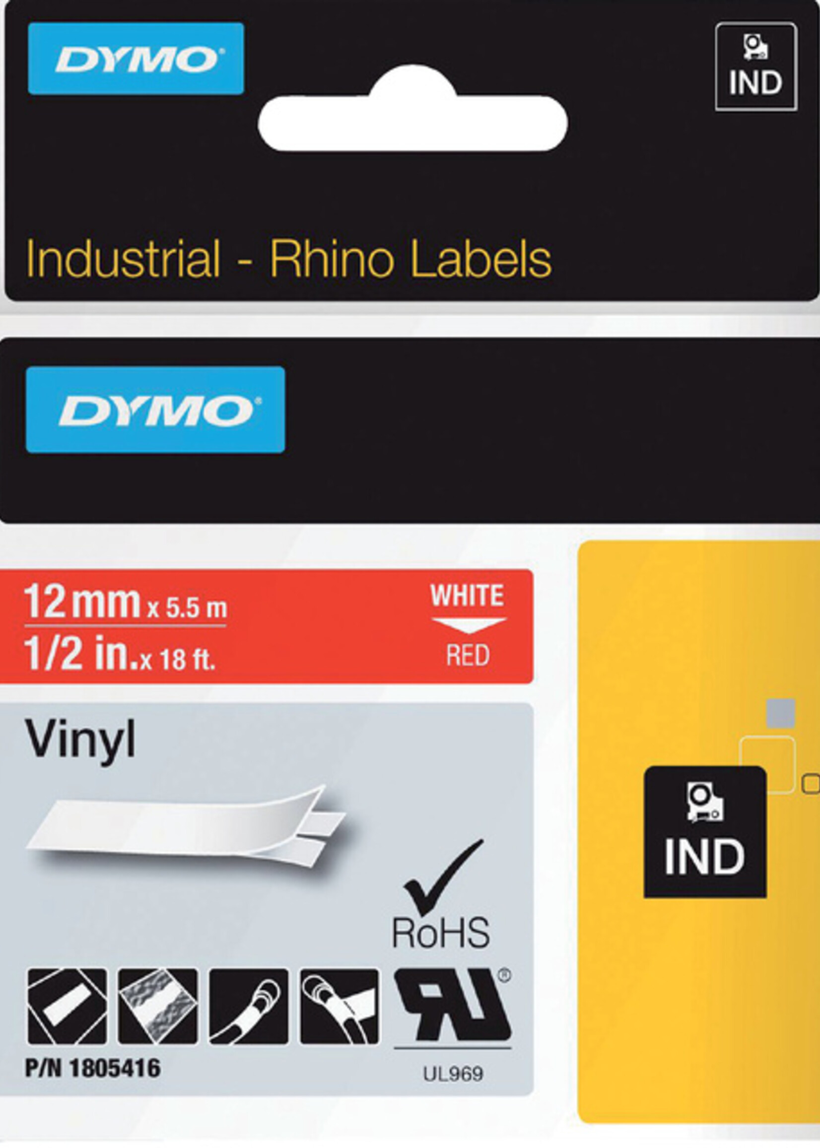 Dymo Labeltape Dymo Rhino 18054 vinyl 12mmx5.5m wit op rood