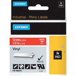 Ruban Dymo Rhino 18054 vinyle 12mmx5,5m rouge sur blanc