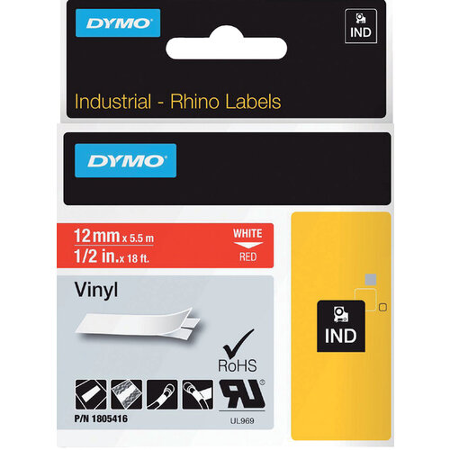 Dymo Labeltape Dymo Rhino 18054 vinyl 12mmx5.5m wit op rood