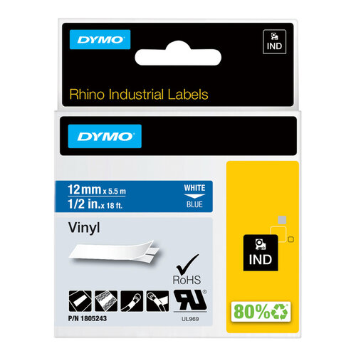 Dymo Labeltape Dymo Rhino 1805243 12mmx5.5m vinyl wit op blauw