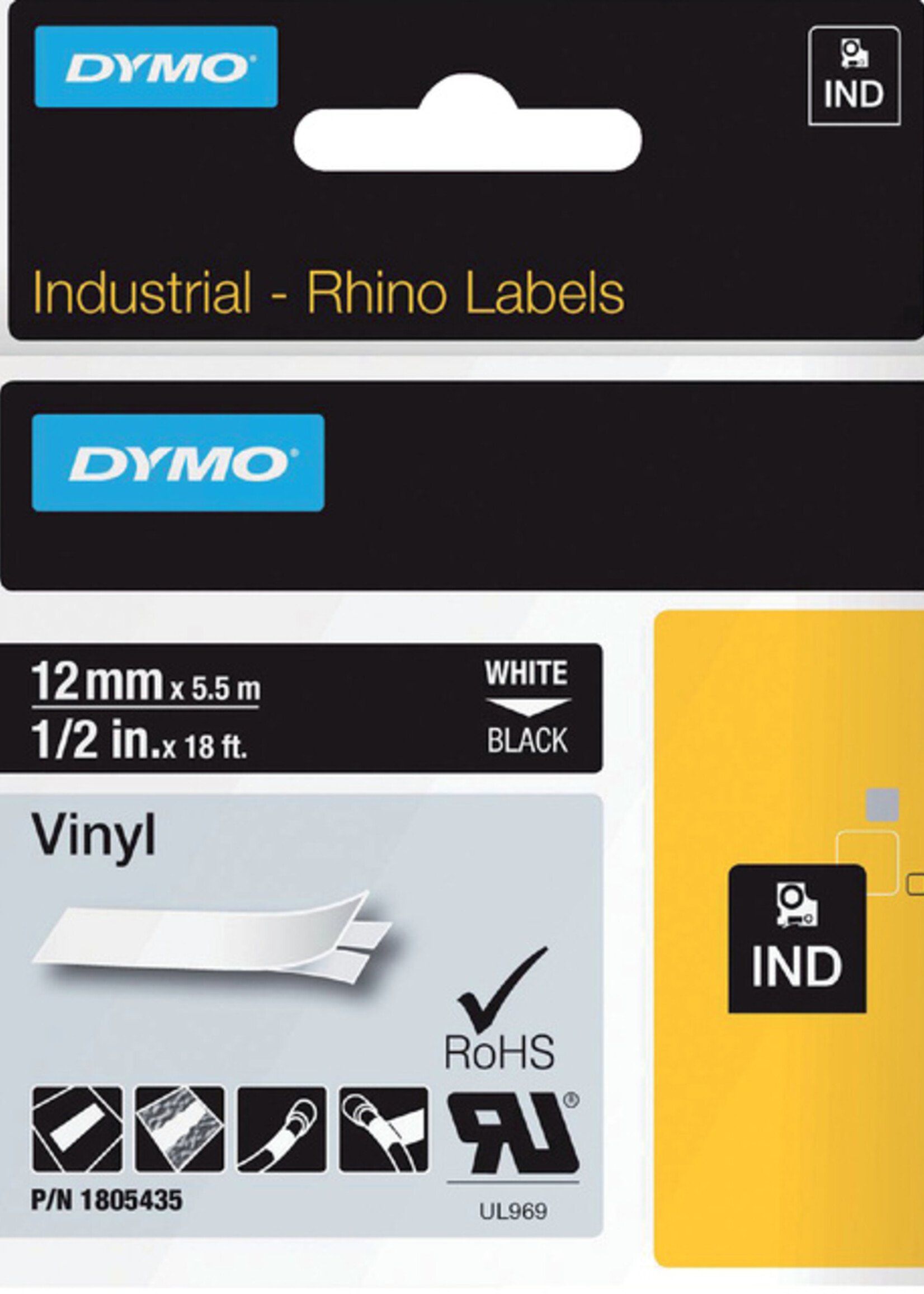 Dymo Ruban Dymo Rhino 18054 vinyl 12mmx5,5m blanc sur noir