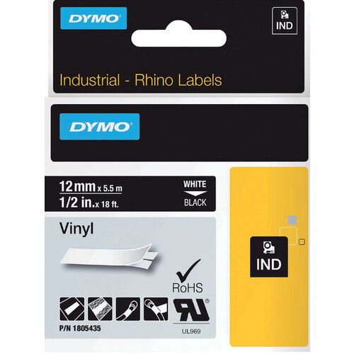 Dymo Labeltape Dymo Rhino 18054 vinyl 12mmx5.5m wit op zwart