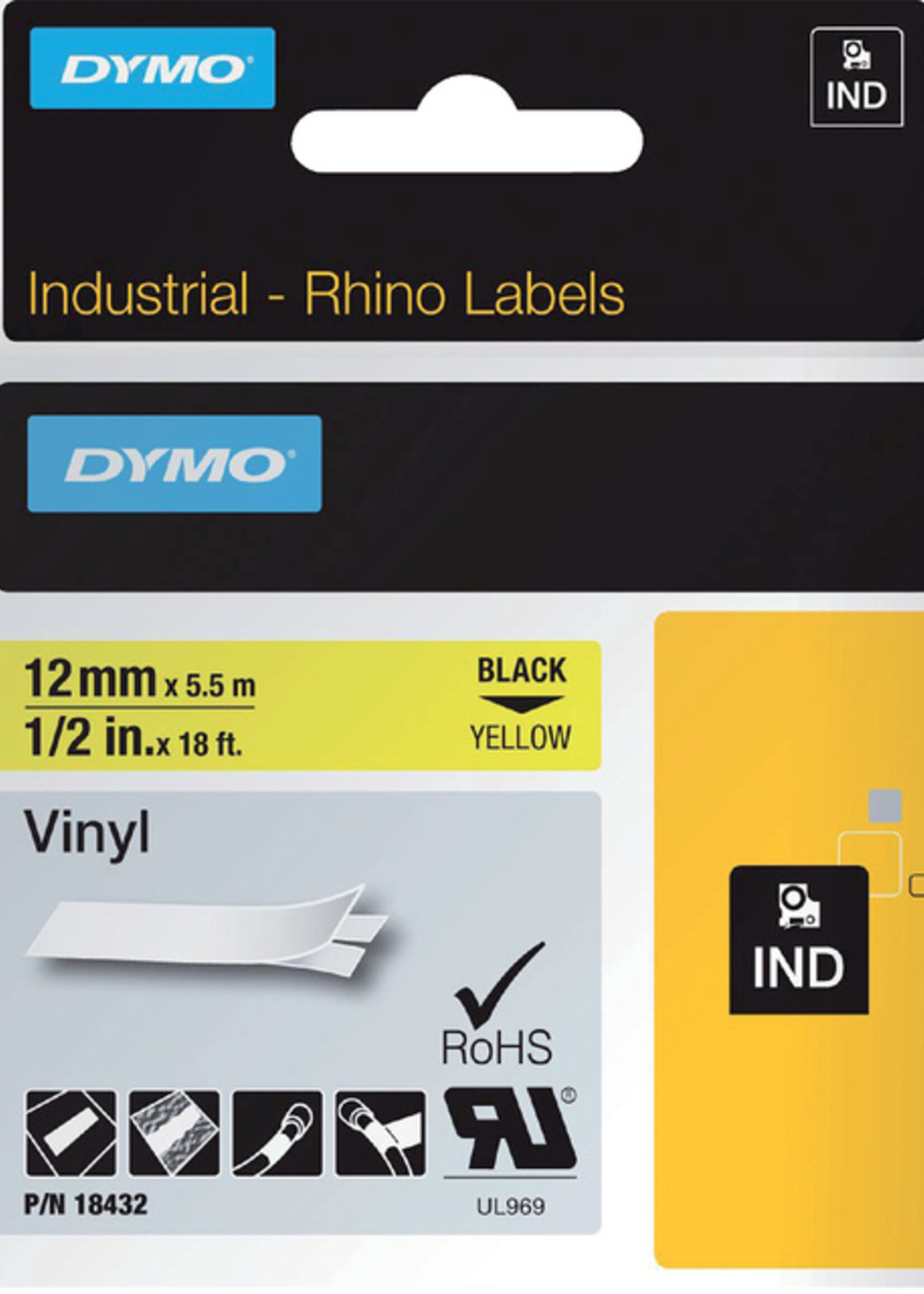 Dymo Labeltape Dymo Rhino 18432 12mmx5.5m vinyl zwart op geel