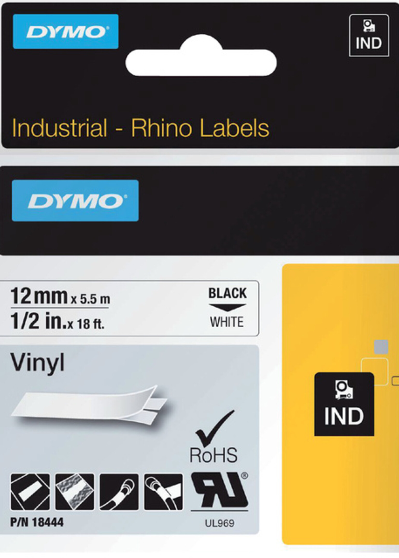 Dymo Ruban Dymo Rhino 18444 vinyl 12mmx5,5m noir sur blanc