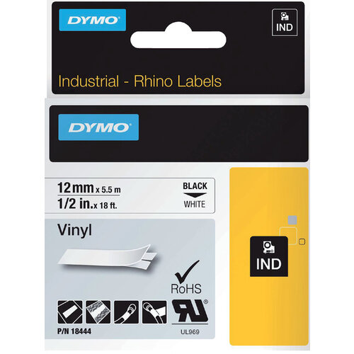 Dymo Labeltape Dymo Rhino 18444 vinyl 12mmx5.5m zwart op wit