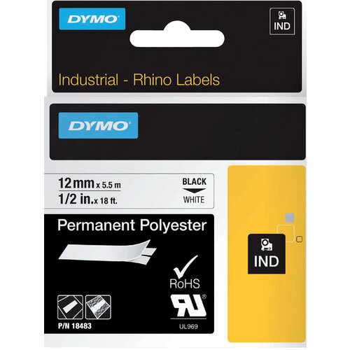 Dymo Labeltape Dymo Rhino 18483 polyester 12mmx5.5m zwart op wt