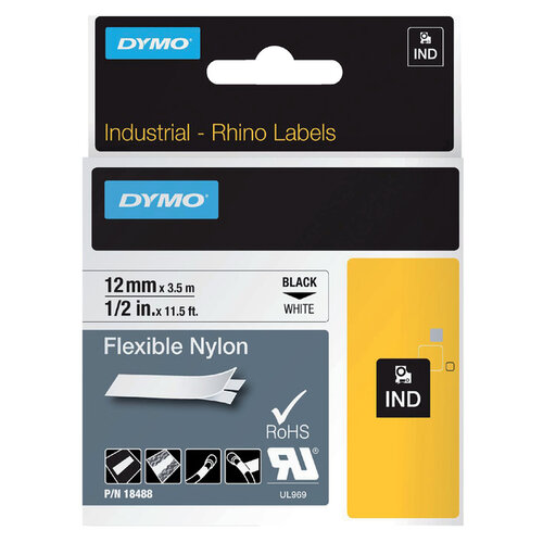 Dymo Labeltape Dymo Rhino 18488 nylon 12mmx3.5m zwart op wit