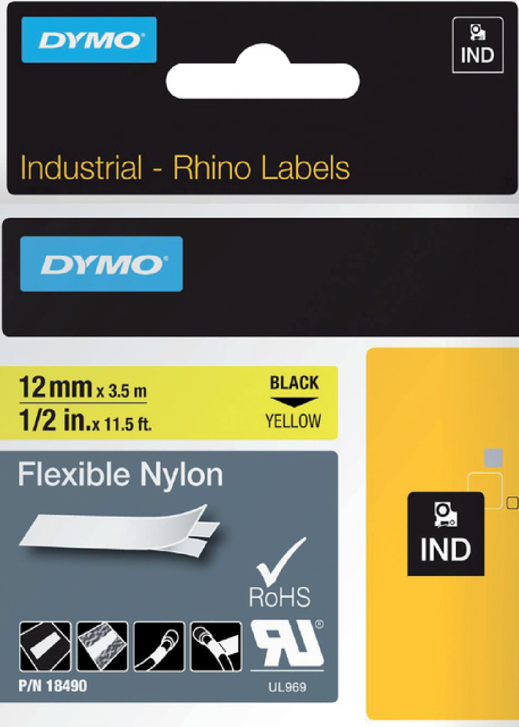 Dymo Ruban Dymo Rhino 18490 nylon 12mmx3,5m noir sur jaune