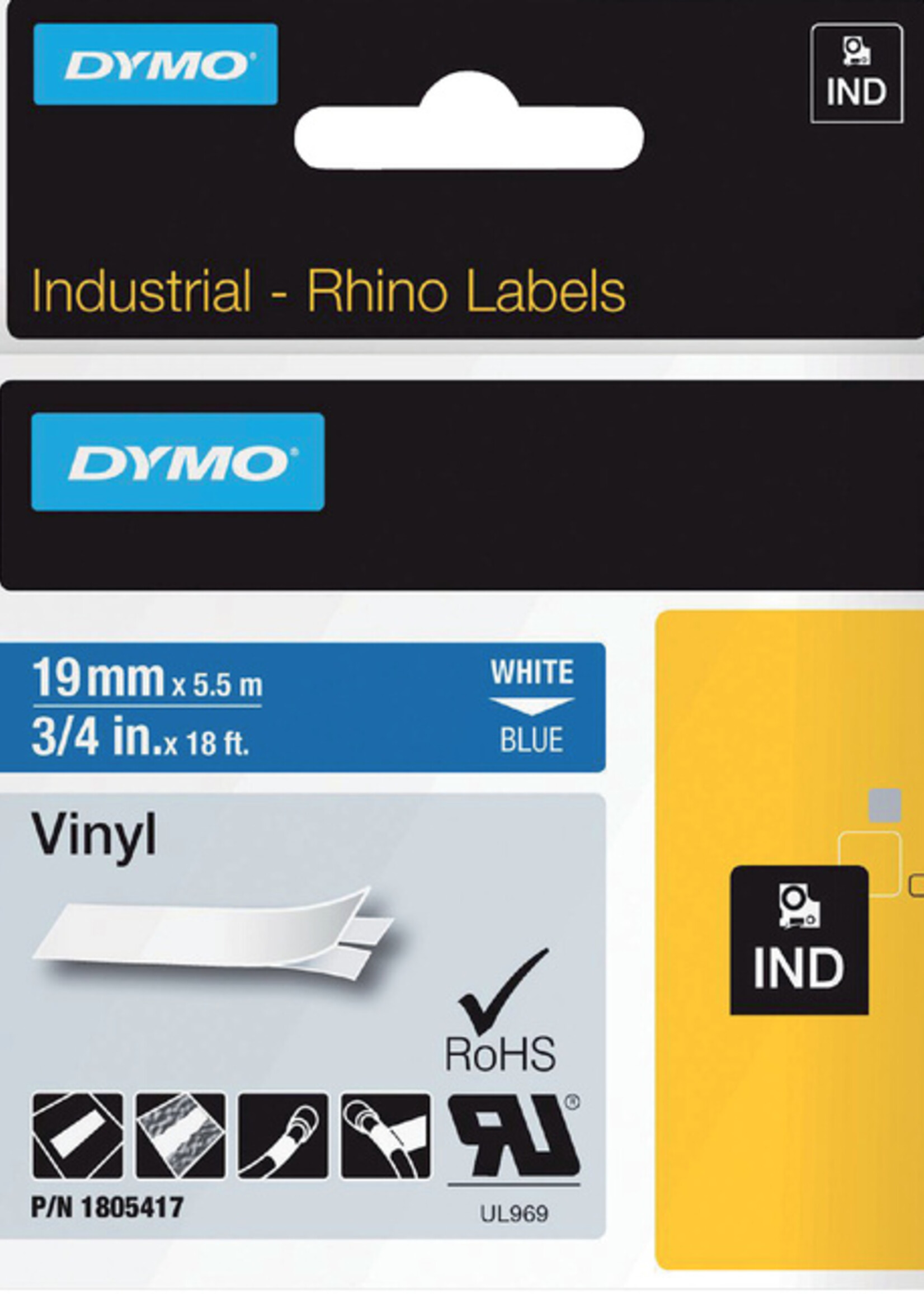 Dymo Ruban Dymo Rhino 18054 vinyl 19mmx5,5m blanc sur bleu