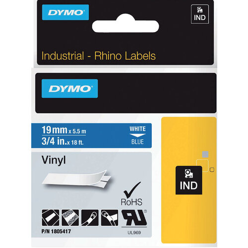 Dymo Ruban Dymo Rhino 18054 vinyl 19mmx5,5m blanc sur bleu