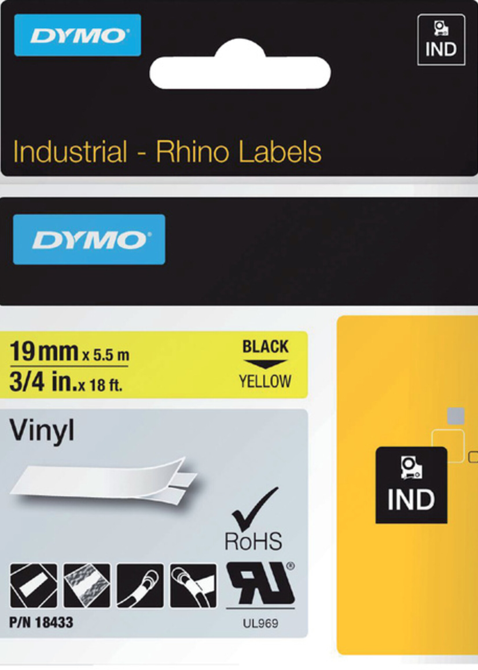 Dymo Ruban Dymo Rhino 18433 vinyl 19mmx5,5m noir sur jaune