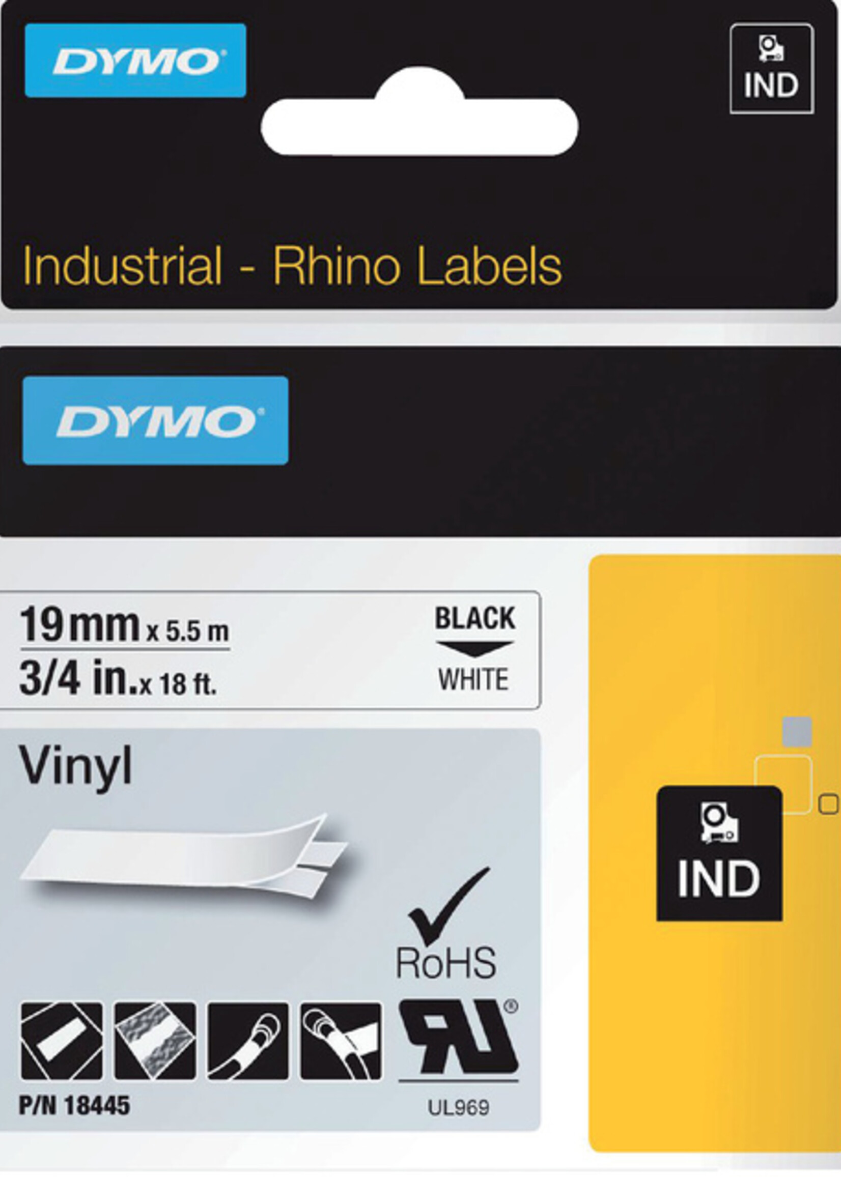 Dymo Labeltape Dymo Rhino 18445 vinyl 19mmx5.5m zwart op wit