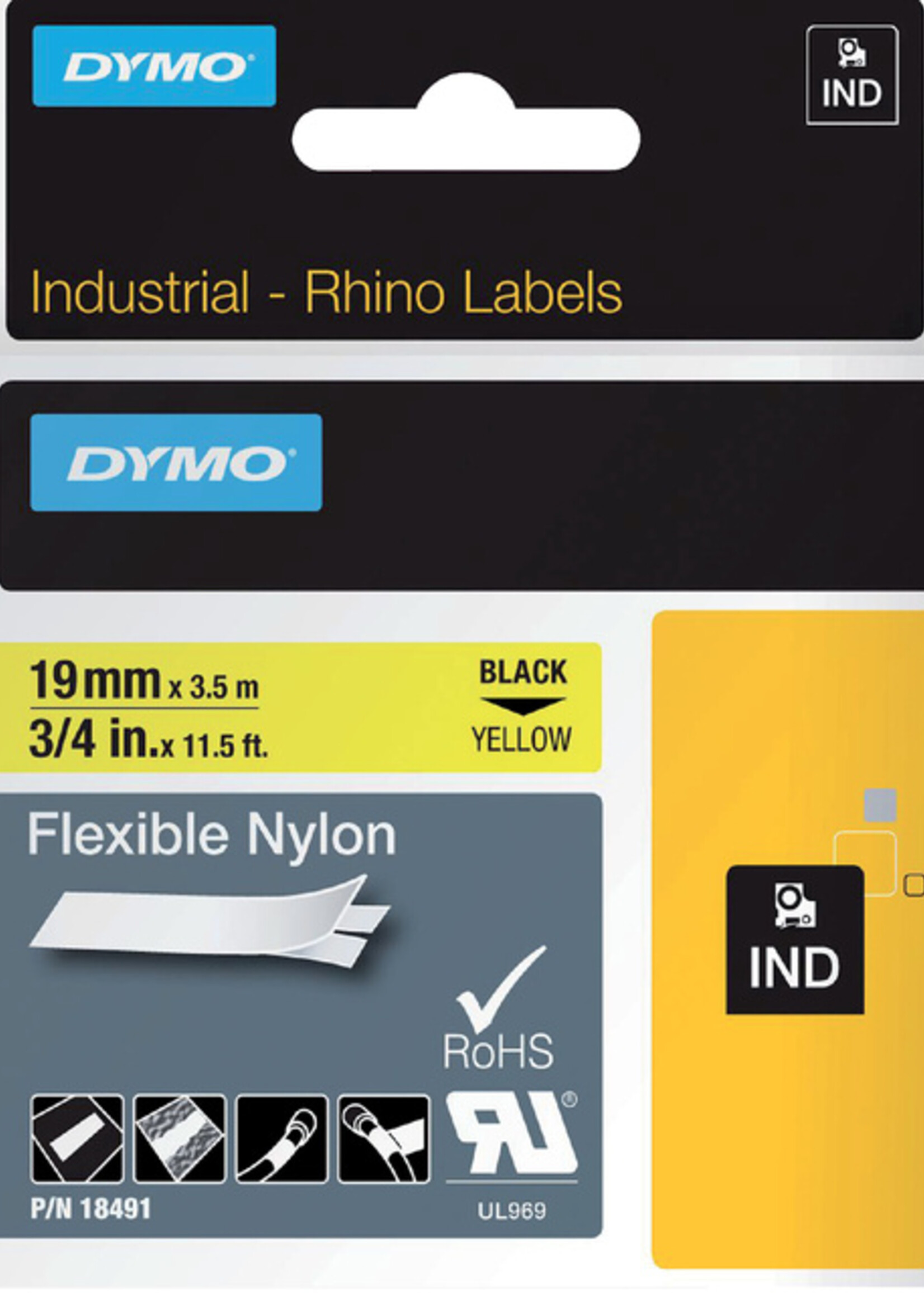 Dymo Ruban Dymo Rhino 18491 nylon 19mmx3,5m noir sur jaune