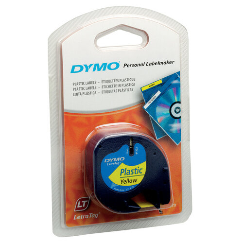 Dymo Labeltape Dymo Letratag 91202 plastic 12mm zwart op geel