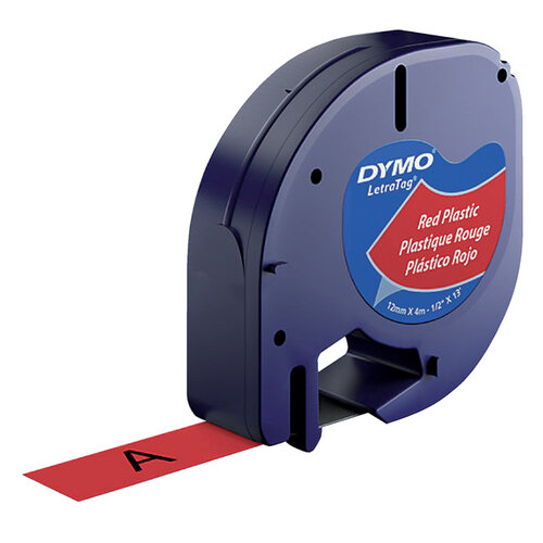 Dymo Labeltape Dymo Letratag 91203 plastic 12mm zwart op rood