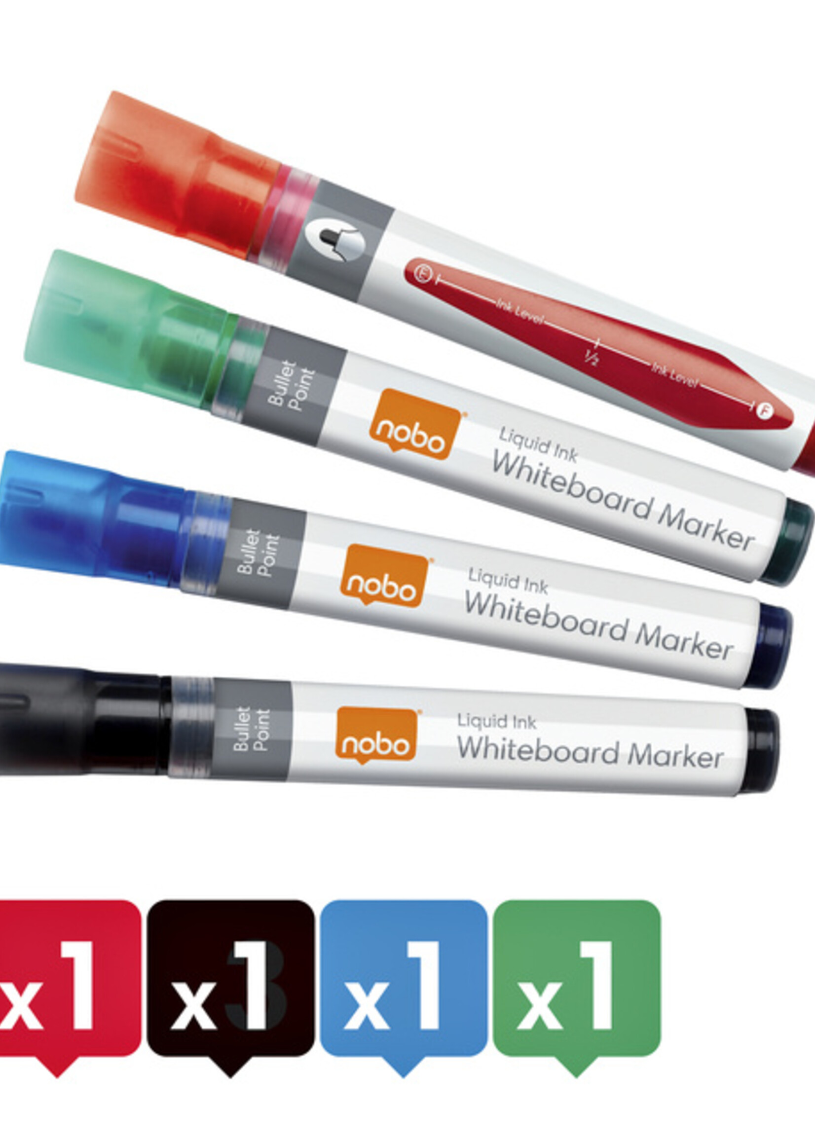 Nobo Viltstift Nobo whiteboard Liquid ink drymarker rond assorti 3mm 4st